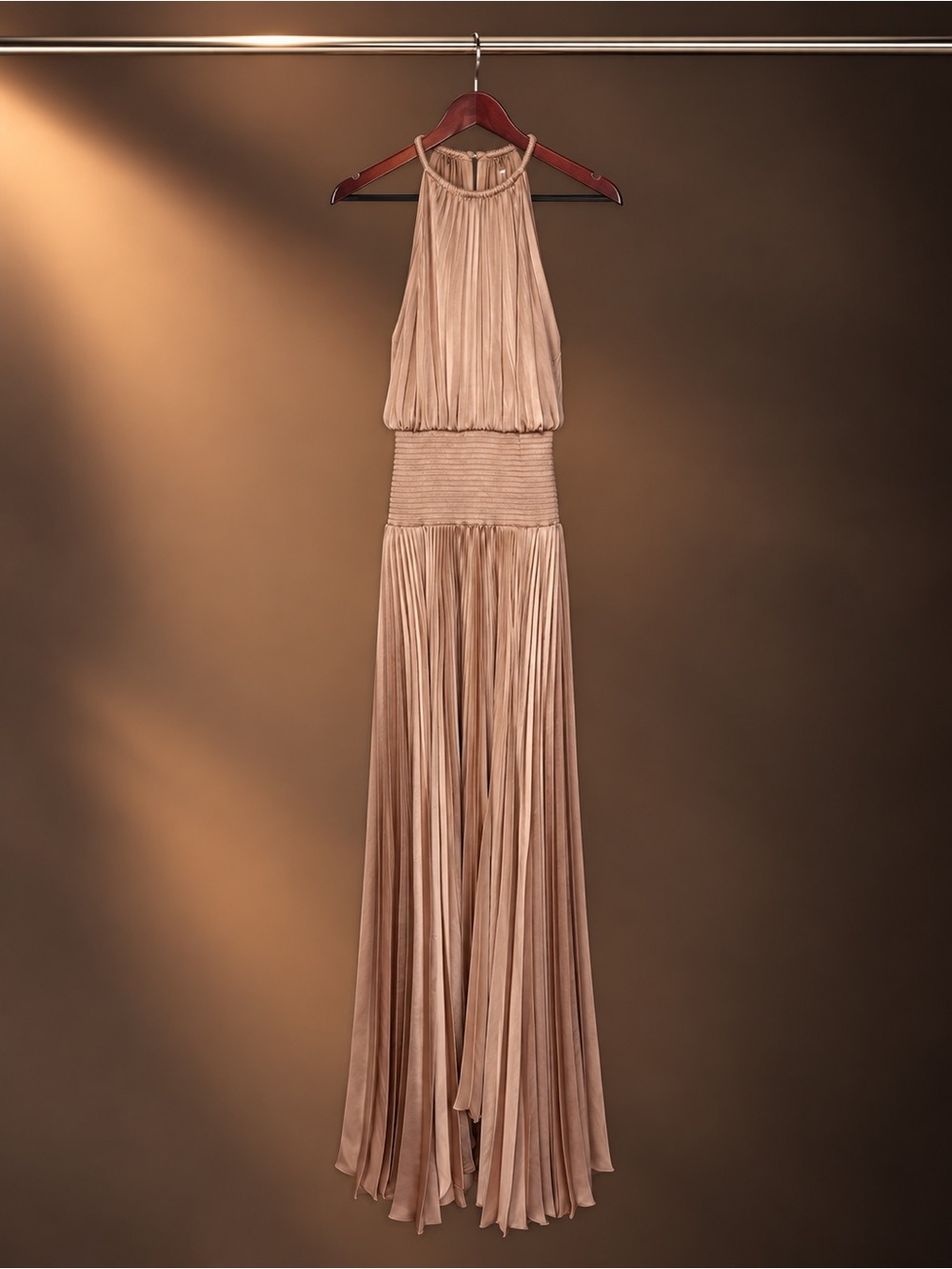 A.L.C. Renzo II Pleated Satin Halter Midi Dress Champagne Smocked Size 0